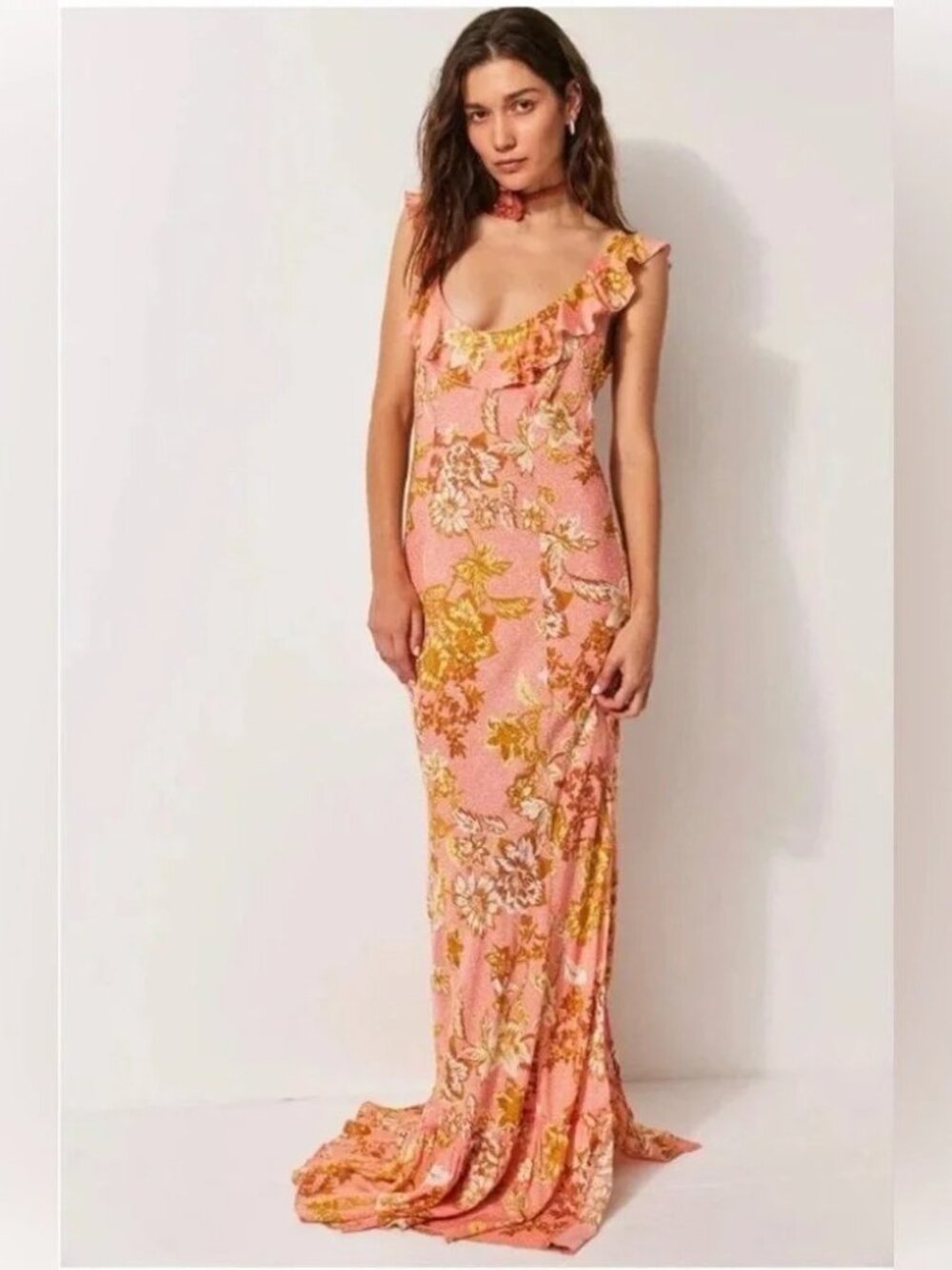 Free People Intimately Remind Me Maxi Slip Dress Coral Combo Size L NWT